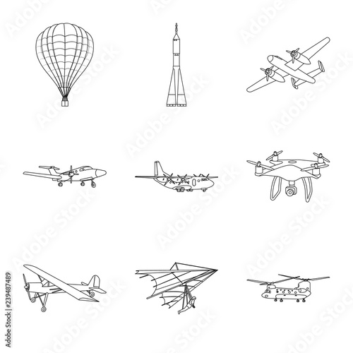 Isolated object of plane and transport sign. Set of plane and sky stock vector illustration.