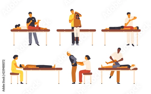 Collection of osteopaths performing treatment manipulations or massaging their patients. Set of specialists in osteopathy, chiropractic or manual therapy. Vector illustration in flat cartoon style.