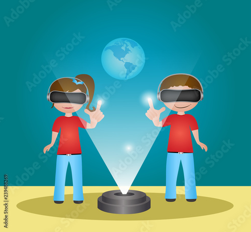 Boy and girl with virtual reality glasses and hologram