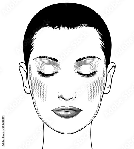 Anti aging treatment and plastic surgery concept. Beautiful young woman with closed eyes, perfect eyebrowes and full lashes. Vintage engraving stylized drawing. Vector illustration.