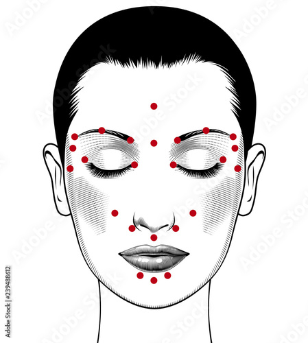 Beautiful european woman face with instructions for facial acupressure with closed eyes. Isolated on white background. Vintage engraving stylized drawing. Vector illustration
