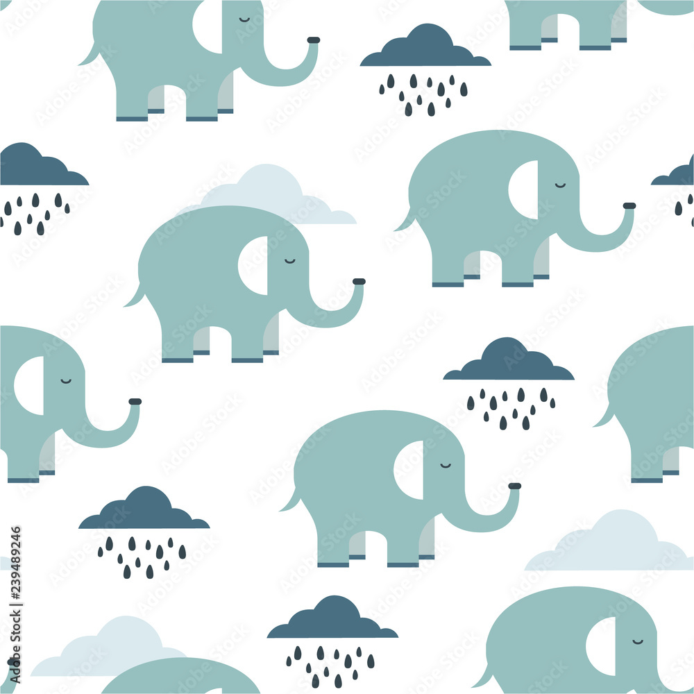 Happy elephants, clouds, hand drawn backdrop. Colorful seamless pattern with animals and water drops. Decorative cute wallpaper, good for printing. Overlapping background vector Happy elephants, clouds, hand drawn backdrop. Colorful seamless pattern with animals and water drops. Decorative cute wallpaper, good for printing. Overlapping background vector