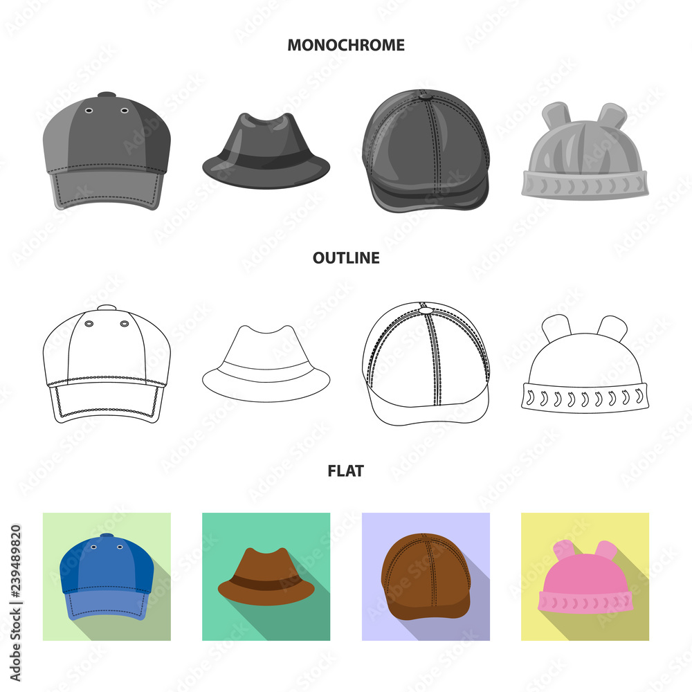 Vector illustration of headgear and cap logo. Set of headgear and accessory vector icon for stock. Vector illustration of headgear and cap logo. Set of headgear and accessory vector icon for stock.