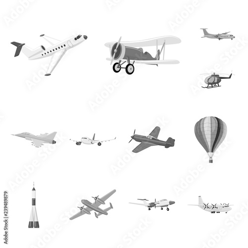 Vector design of plane and transport icon. Set of plane and sky stock vector illustration.