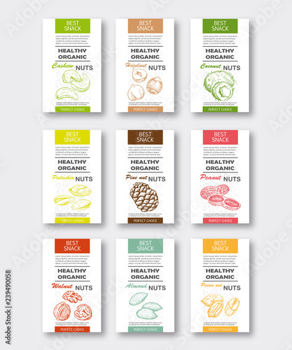 Healthy organic nuts vertical labels set. Vector packaging design.