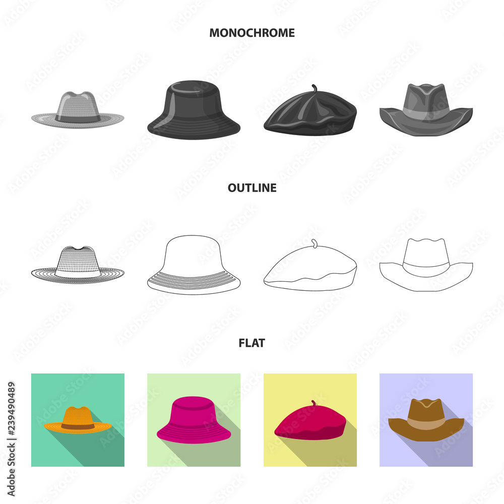 Vector illustration of headgear and cap sign. Set of headgear and accessory stock vector illustration. Vector illustration of headgear and cap sign. Set of headgear and accessory stock vector illustration.