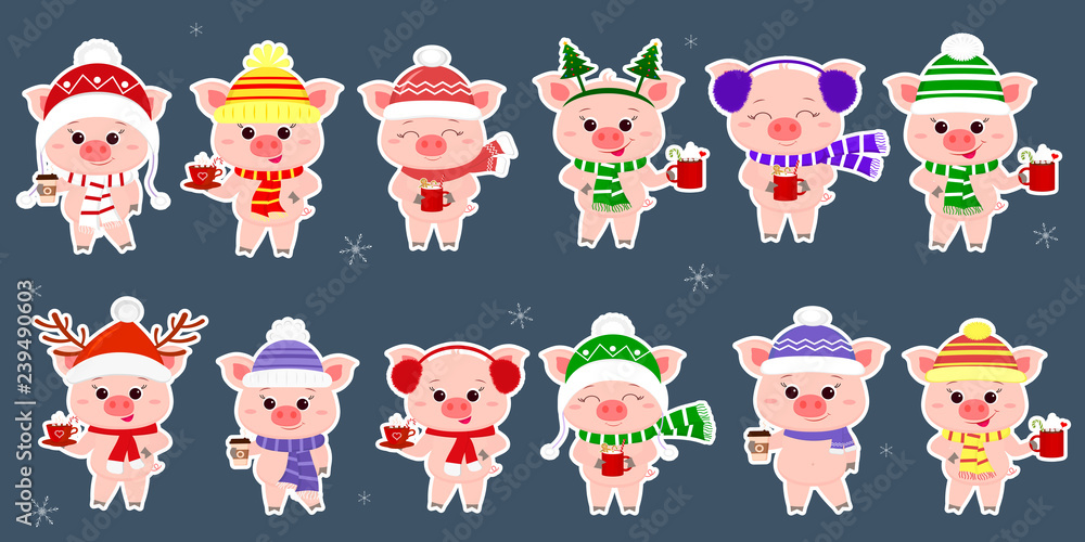A set of twelve stickers with pigs in different caps and a scarf with cups of different hot drinks in a white stroke. Happy New Year and Merry Christmas. The symbol of the Chinese New Year. Vector A set of twelve stickers with pigs in different caps and a scarf with cups of different hot drinks in a white stroke. Happy New Year and Merry Christmas. The symbol of the Chinese New Year. Vector