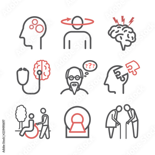 Alzheimer's disease and dementia. Symptoms. Line icons set. Vector signs for web graphics.