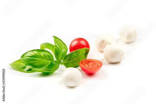 A closeup of Mozzarella cheese balls with fresh basil leaves and cherry tomatoes, the ingredients of the Italian Caprese salad, on a white background with copy space