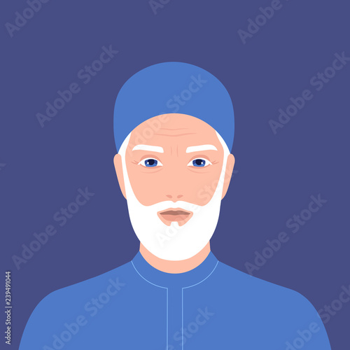 Portrait of an elderly Arab man with a beard. Retiree. Grandfather in national clothes and a headdress. Vector flat illustration