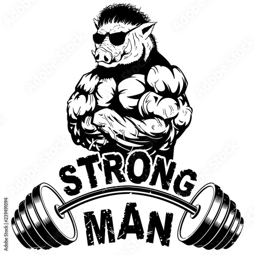Vector illustration barbell and strong wild boar