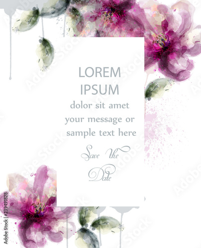 Pink lily flowers card watercolor Vector. delicate floral blooming decor. Inv...