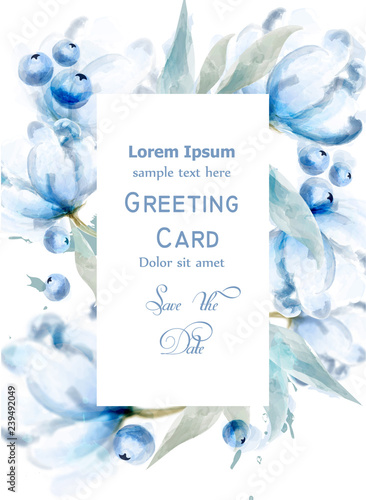 Blueberry and flowers watercolor card frame Vector. delicate floral and berry...