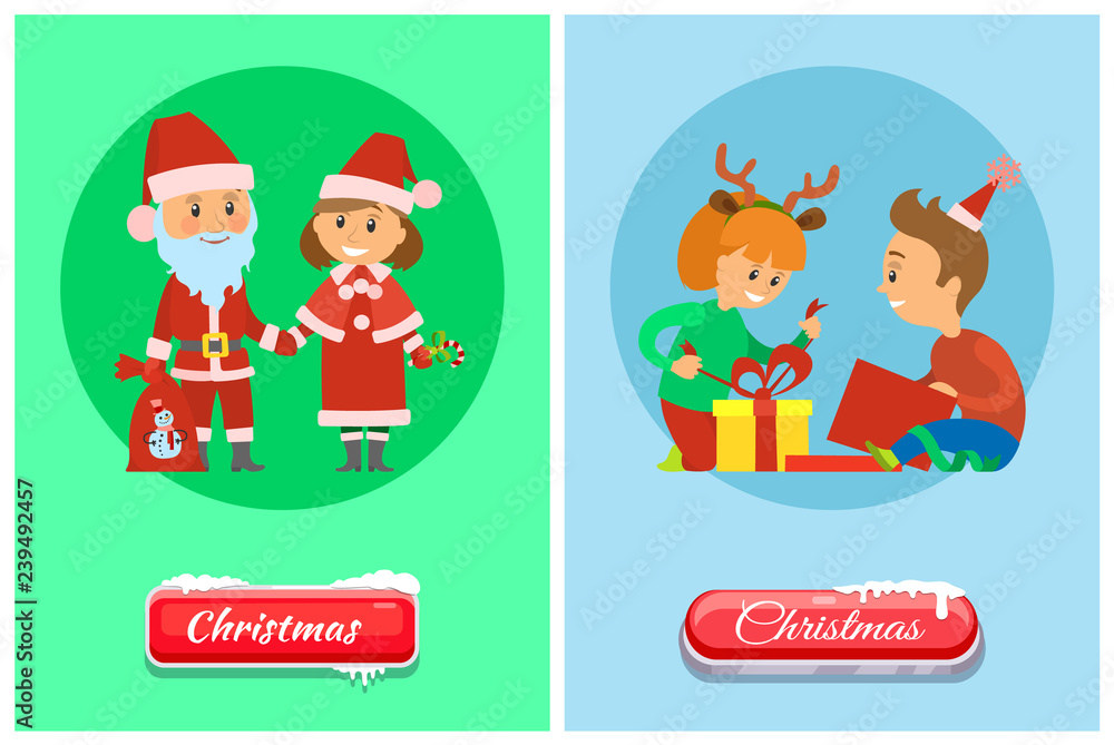Christmas Holidays, Children Opens Presents Vector Christmas Holidays, Children Opens Presents Vector