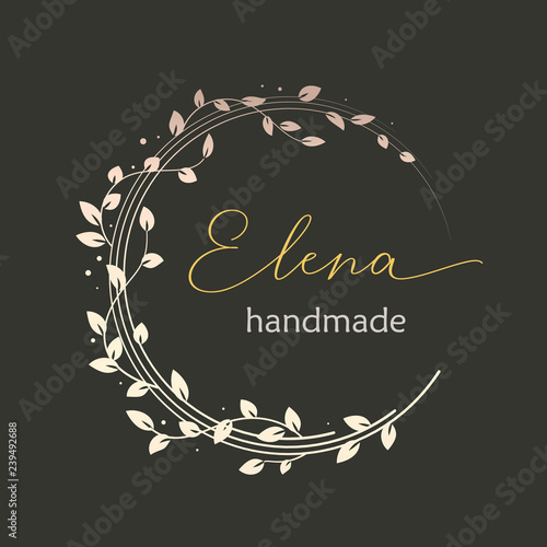 Premade logo design with golden floral wreath. Tree branches and leaves. Feminine logotype template