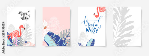 set of hand drawing tropical posters with flamingo and bouquet o