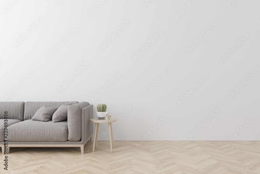 Interior of living room modern style with  fabric sofa, side table and empty white wall on wood floor - obrazy, fototapety, plakaty 