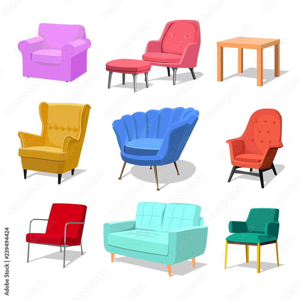 Set of modern colorful soft armchair and sofa with upholstery. Armchairs for room design games. Cushioned furniture, room decoration, interior design isolated on white. Vector illustration flat style. Set of modern colorful soft armchair and sofa with upholstery. Armchairs for room design games. Cushioned furniture, room decoration, interior design isolated on white. Vector illustration flat style.