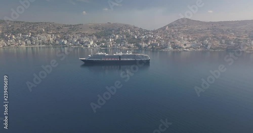 Aerial view of cruise ship in Saranda, Albania.  Sea, mountains and cruise liner.