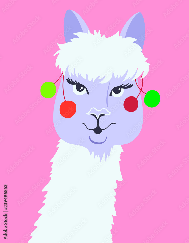 Fototapeta premium portrait of funny llama in flat style, alpaca head on pink backg