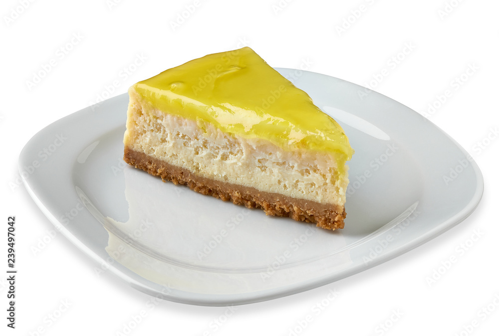 Slice of cheese cake with lemon in porcelain plate isolated on white background. including clipping path Slice of cheese cake with lemon in porcelain plate isolated on white background. including clipping path