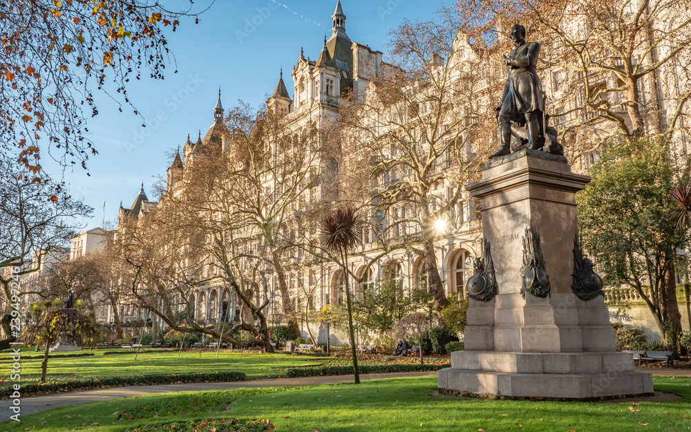 A monument to Sir James Outram, an English general involved in the Indian Rebellion of 1857, located in Victoria Embankment Gardens.