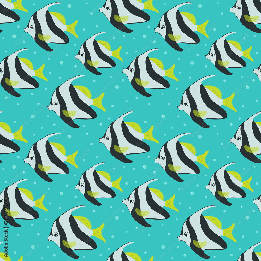 Seamless pattern with aquarium fish. Vector illustration on a turquoise background.