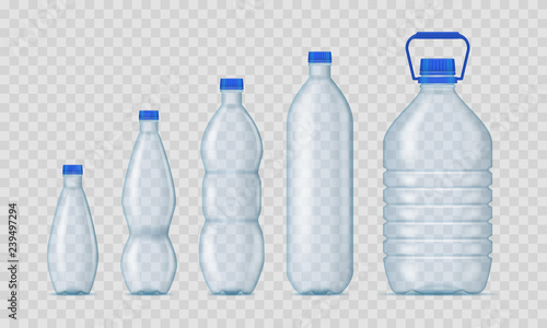 Realistic Detailed 3d Blank Plastic Bottles Template Mockup Set. Vector