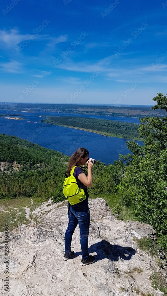 Fototapeta premium Zhigulevsky State Natural Biosphere Reserve named after I. I.Sprygin, village Zolnoe, Samara Region, Russia. August 12, 2017. View of the Volga River from Mount Strelna at sunset. Height 351 meters