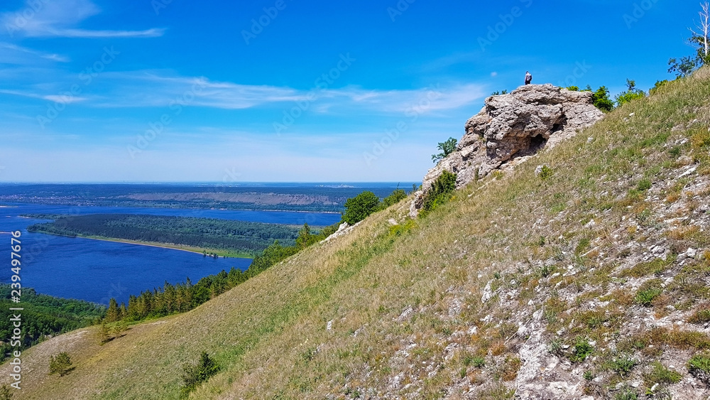 Zhigulevsky State Natural Biosphere Reserve named after I. I.Sprygin, village Zolnoe, Samara Region, Russia. August 12, 2017. View of the Volga River from Mount Strelna at sunset. Height 351 meters