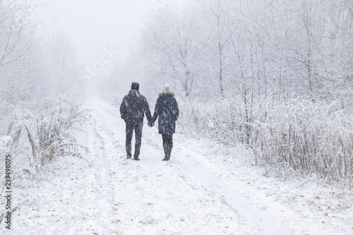 Young adult couple holding each other hands and walking in blizzard. Peaceful atmosphere in amazing awesome winter day. Enjoying fresh air in snowy forest trail. Back view.