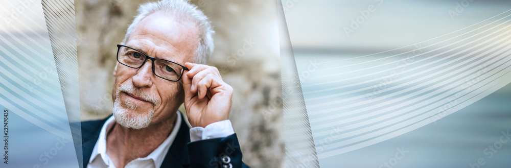 Portrait of handsome mature man, light effect. panoramic banner Portrait of handsome mature man, light effect. panoramic banner