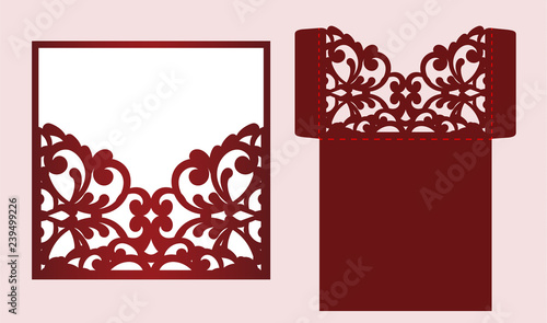 Die laser cut wedding invitation card template vector. Wedding pocket envelope or greeting card with abstract ornament. Open card. Suitable for greeting cards, invitations, menus.