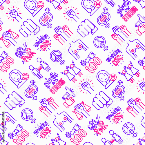 Feminism seamless pattern with thin line icons: women's rights, girl power, gender equality, sex dicrimination, me too, protest, girls are strong. Modern vector illustration.