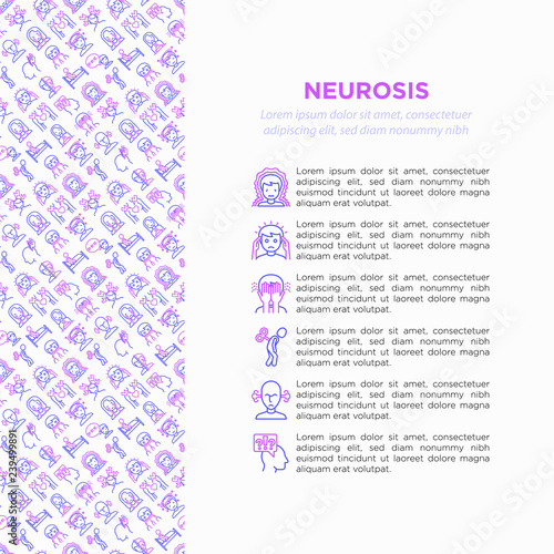 Neurosis concept with thin line icon: panic attack, headache, fatigue, insomnia, despair, phobia, mood instability, stuttering, psychalgia, dizziness. Vector illustration, print media template.
