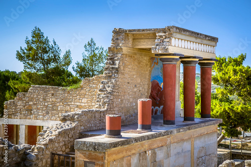 The North Entrance of the Palace with charging bull fresco in Knossos at Crete photo