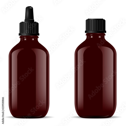 Black vial with dropper cap for medical or cosmetic products. Glossy glass or plastic bottle mockup. 3d vector design. Jar for cosmetic essential oil, serum, e liquid vape products. Pharmacy container