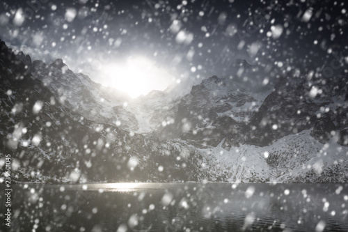 Heavy snowfall at Eye of the Sea lake in Tatra mountains, Poland