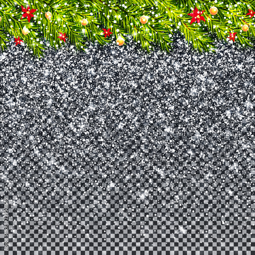 Christmas tree branches and snowfall on transparent background vector