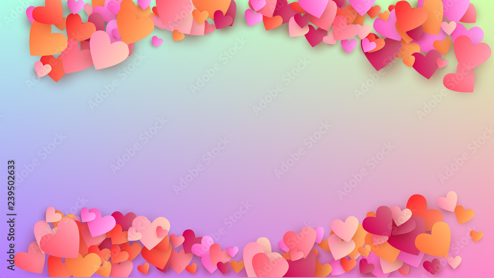 Love Background. Heart Confetti Pattern. Many Random Falling Purple Hearts on Hologram Backdrop. Banner Template. Vector Love Background.