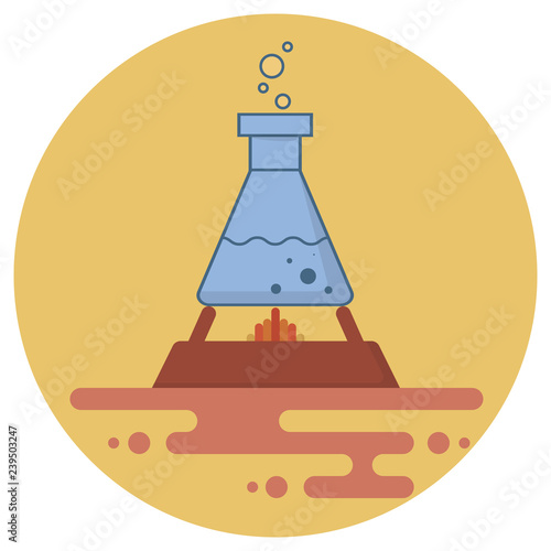 Blue retort with liquid on a laboratory burner.Flat style. Yellow background, white round frame