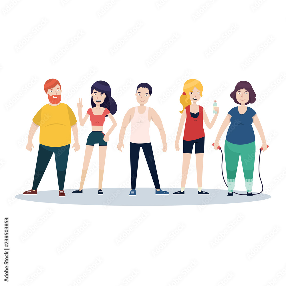 Fototapeta premium Fitness man and woman character set. vector illustration