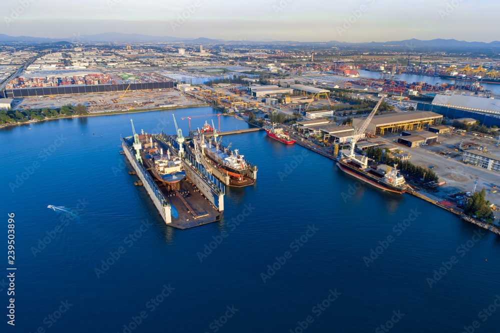 TOP VIEW, Aerial View of Industrial port with containers ship, business logistics concept, Aerial view from drone.