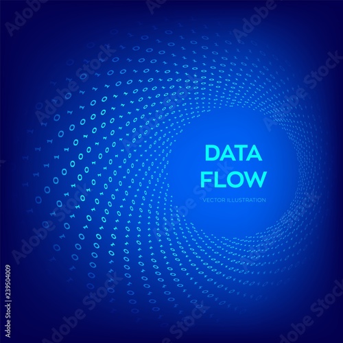 Data Flow. Digital Code. Binary data flow. Virtual tunnel warp. Coding, programming or hacking concept. Computer science illustration with 1 and 0 symbols repetitions. Vector Illustration.