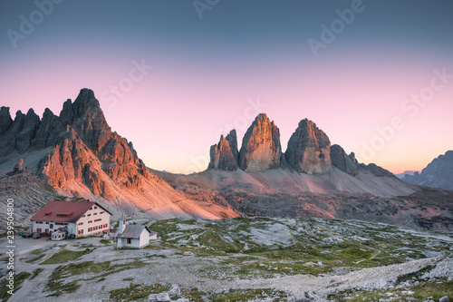alpenglow during a summer sunset in Tre Cime di Lavaredo in Dolomites area
