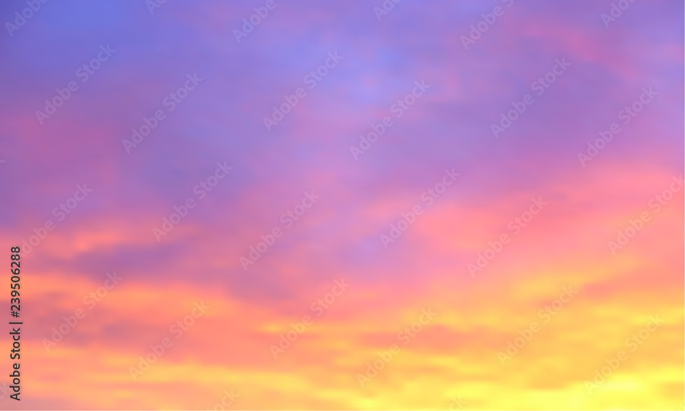 Sunset vector background. Sunrise wallpaper. Abstract beautiful heaven with clouds. Sunlight gradient blurred sky. Sundown backdrop. 