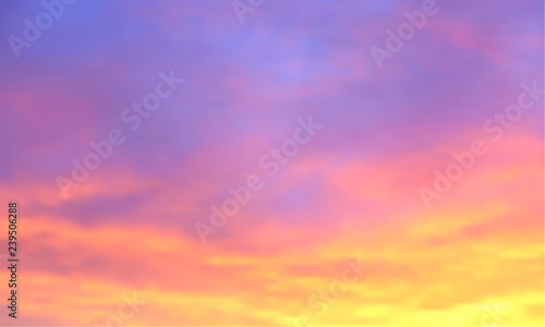 Sunset vector background. Sunrise wallpaper. Abstract beautiful heaven with clouds. Sunlight gradient blurred sky. Sundown backdrop. 