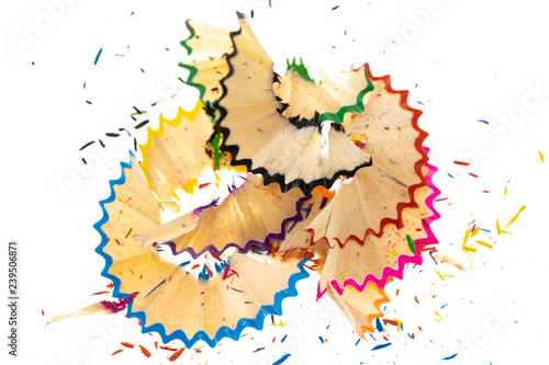 Wooden spiral pencil shavings from sharpener isolated on white background