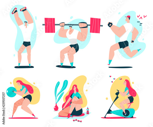 Fitness man and woman doing exercise. Couple workout vector cartoon illustration isolated on a white background. Healthy lifestyle set.