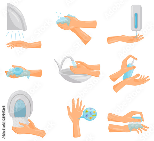Washing hands step by step set, hygiene, prevention of infectious diseases, health care and sanitation vector Illustration on a white background